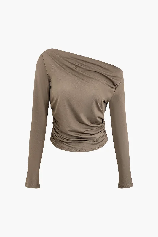 Signature - style  Solid Asymmetrical Ruched Long Sleeves Top